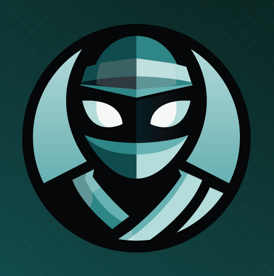 WLN Hosting Illustration of a stylized ninja face with a teal and black color scheme, set against a dark, subtly patterned background. The ninja, embodying the sleek efficiency of WLN Hosting, wears a mask and headgear, leaving only the eyes visible. WordPress Hosting