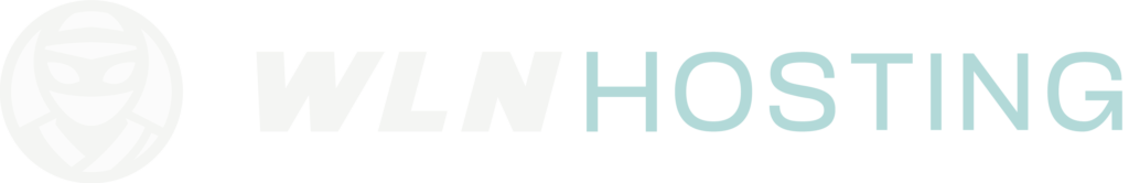 WLN Hosting Company logo with a white oval on the left and the text "WLN Hosting" in bold uppercase letters, with "WLN" in white and "HOSTING" in light blue, representing premium WordPress Hosting. WordPress Hosting