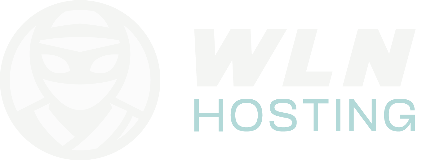 WLN Hosting Logo featuring a large white circle to the left and the text "WLN Hosting" to the right in light blue. Perfect for those seeking fast WordPress hosting, the background is transparent. WordPress Hosting