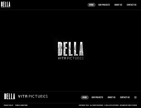 WLN Hosting A black screen displays the logo for "Bella Vita Pictures" in silver text. Navigation options for "Home," "Our Projects," "About Us," and "Contact Us" are at the top and bottom of the screen, all powered by WLN Hosting for a seamless experience. WordPress Hosting