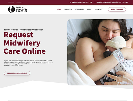 WLN Hosting A mother cradles her newborn baby in a promotional image for Boreal Midwifery Practice's online care request service. The webpage, hosted on WLN Hosting, includes contact details, service listings, and an appointment request button. WordPress Hosting