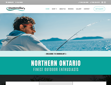 WLN Hosting A man wearing sunglasses fishes from a boat in a website header image for Dumoulin's, a Northern Ontario outdoor activity company. The website is powered by Fast WordPress Hosting, ensuring quick and reliable access to outdoor adventure details. WordPress Hosting