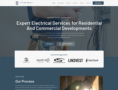 WLN Hosting Website homepage for Ethereal Electric, an electrical service provider. The page includes a headline about expert electrical services, contact information, client logos, and a section about their process. Explore our Fast WordPress Hosting options to power your site efficiently. WordPress Hosting