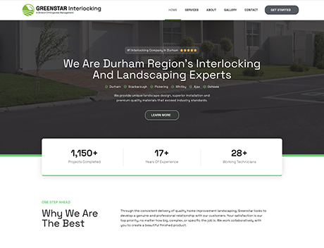 WLN Hosting Screenshot of the Greenstar Interlocking website home page, hosted with Fast WordPress Hosting, describing their interlocking and landscaping services in the Durham Region. It features project statistics and a "Why We Are The Best" section. WordPress Hosting
