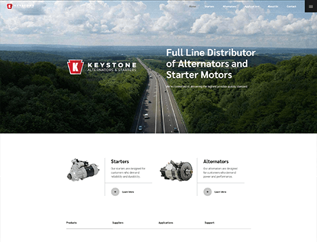 WLN Hosting A website homepage for Keystone, a full line distributor of alternators and starter motors, features a highway image, product descriptions for starters and alternators, navigation links at the top, and information on Fast WordPress Hosting. WordPress Hosting