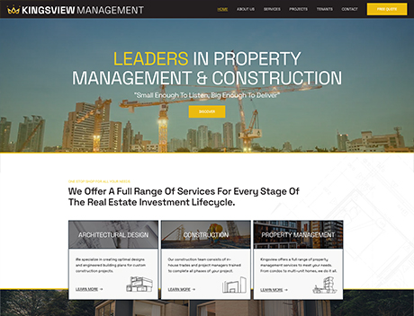 WLN Hosting Screenshot of Kingsview Management's homepage. The banner showcases a construction site with the text "Leaders in Property Management & Construction." Below are service details and a "Free Quote" button. Powered by Fast WordPress Hosting for optimal performance. WordPress Hosting
