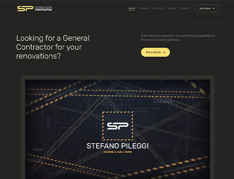 WLN Hosting Website for Stefano Pileggi General Contractor, featuring a dark theme, company logo, and a call-to-action button for getting a quote. The homepage text inquires about general contractor services. Enjoy seamless browsing with WLN Hosting's fast WordPress hosting solutions. WordPress Hosting