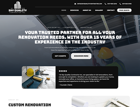 WLN Hosting Screenshot of a website for SKV Quality Contractor Inc. The page, hosted with WLN Hosting, highlights their renovation services with an emphasis on experience, a call-to-action for quotes, and a testimonial from the founder. WordPress Hosting