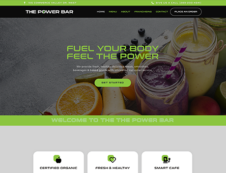 WLN Hosting A smoothie bar website with the title "The Power Bar." The site, hosted on WLN Hosting, features vibrant images of smoothies and sections for menu, about, franchising, and contact. The main slogan reads "Fuel Your Body, Feel the Power. WordPress Hosting