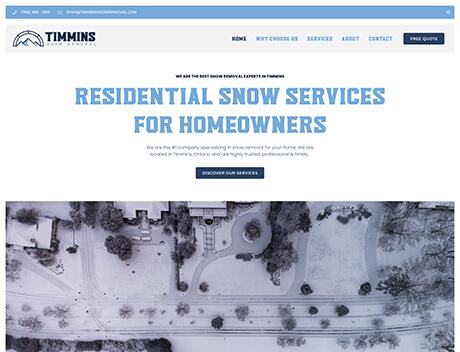 WLN Hosting Screenshot of Timmins Snow Removal's website, advertising residential snow services for homeowners. The site, hosted on Fast WordPress Hosting, features a snowy aerial view of a residential area and navigational links. WordPress Hosting